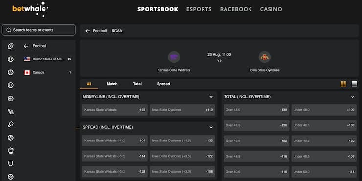 A snapshot of BetWhale, one of our top rated Iowa sports betting sites. 